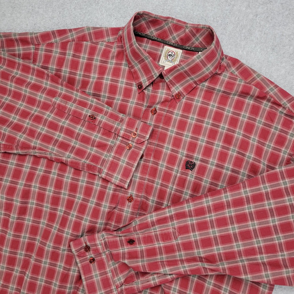 Cinch Mens Large Red‎ Plaid Long Sleeve Button Up Shirt Western Cowboy Style